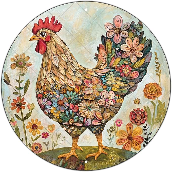 Chicken Coop Hen Round Metal Tin Sign Flower Wreath Wall Decor Farmhouse Outdoor Wall Art Decoration for Chicken Lovers Decor 12 Inch