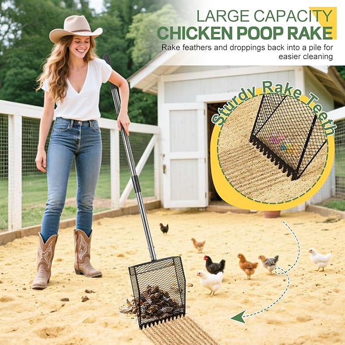 Updated Chicken Poop Scooper and Rake, 2-in-1 Chicken Poop Litter Scoop Sand Rake, Stainless Steel Handle (43–73"), Litter Scooper & Sand Sifting Shovel, Good for Chicken Coops & Farm Animals Scoop