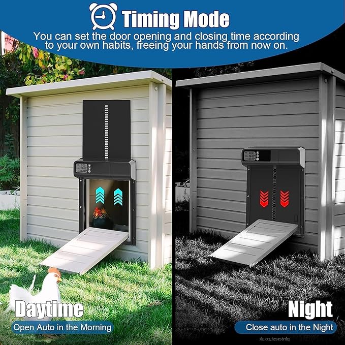 Automatic Chicken Coop Door with Timer, Gear Lifter Poultry Gate,Battery Powered, Evening and Morning Delay, Full Aluminum Door, Automatic Chicken Door Opener with LED Liquid Crystal Display (V-Black)