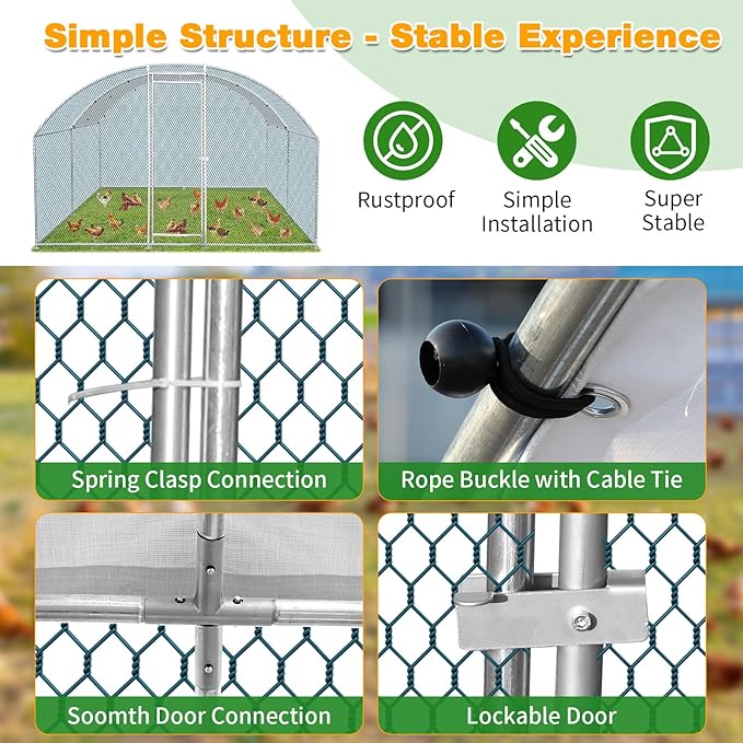 VINGLI Large Metal Chicken Coop, 13.1x9.8 6.5 ft Poultry Cage for Chicken Run, Walk-in Chicken Pen with Waterproof & Anti-UV Cover for Yard Outdoor (Silver-Dome Roof)