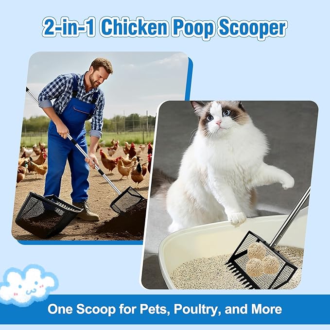 PETCHO Chicken Poop Scooper and Rake 2-in-1 – Heavy Duty Metal Manure Shovel with Adjustable Stainless Steel Handle– Coop Cleaning Tool for Poultry, Barn