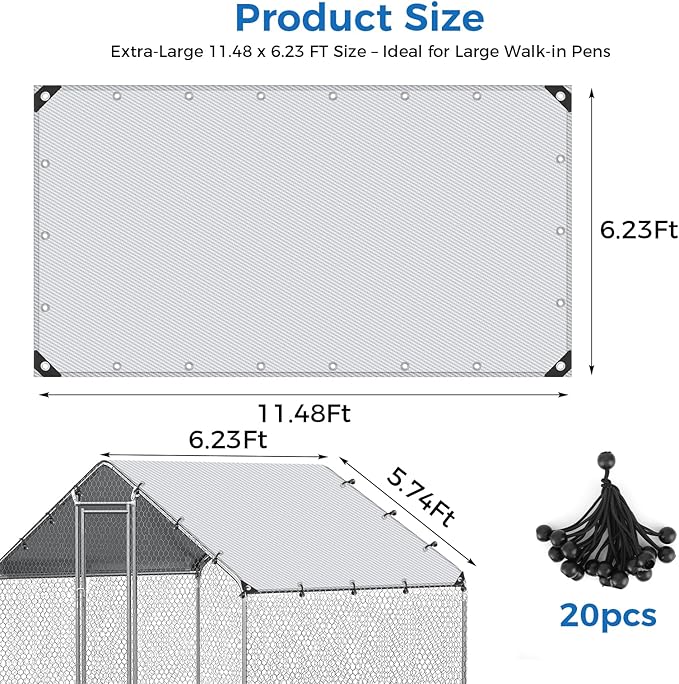 11.48 x 6.23 FT Chicken Coop Cover Waterproof, All-Weather PE Shade, Waterproof UV Resistant Chicken Coop Tarp, Chicken Run Cover for Winter with 20 Ball Bungees, for Large Chicken Pens