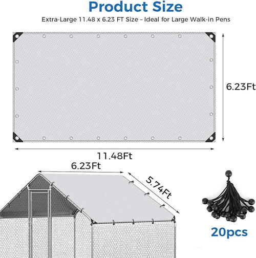 11.48 x 6.23 FT Chicken Coop Cover Waterproof, All-Weather PE Shade, Waterproof UV Resistant Chicken Coop Tarp, Chicken Run Cover for Winter with 20 Ball Bungees, for Large Chicken Pens