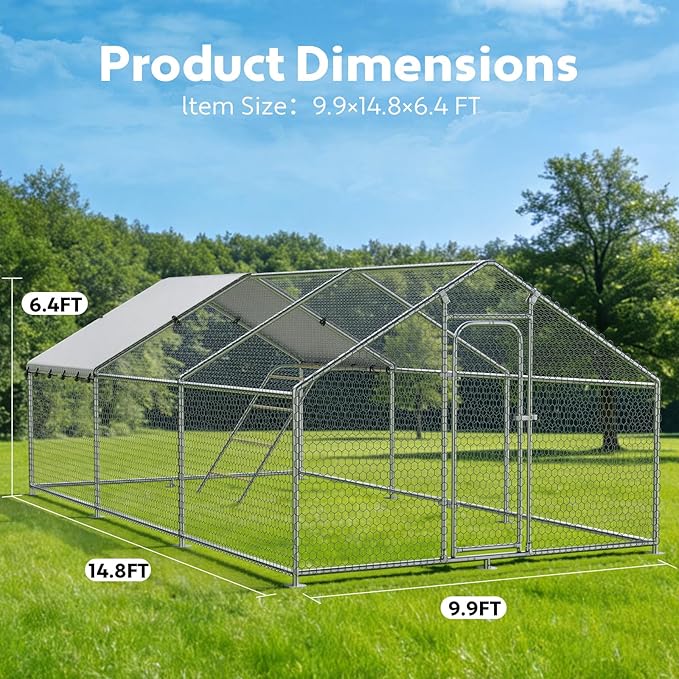 Large Metal Chicken Coop with Waterproof and UV-Resistant Cover,Chicken Run Outdoor Walk-in Cage Rabbit Duck Hen House for Yard Farm Use Spire Roof (10' L x 14.8' W x 6.4' H)