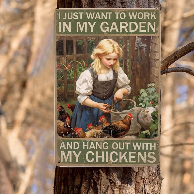 Jocasa Vintage Girl Metal Tin Sign - Chicken Sign For Chicken Coop, 12''X 8''