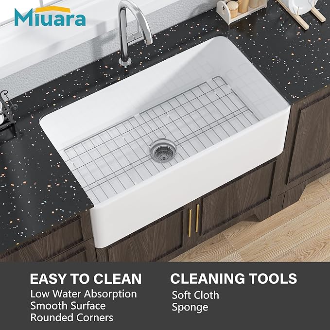 Miuara Farmhouse Sink 33 Inch - Apron Front Kitchen Sink Reversible 33"x18"x10", Undermount Installation, Farm House Style Single Bowl, Solid Fireclay, Glossy White, for Kitchen