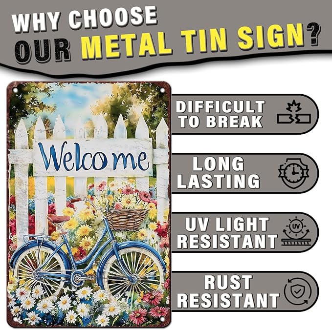 Spring Garden Vintage Tin Sign Bike Welcome Gardening Metal Sign for Home Garden Greenhouse Living Room Bedroom Outdoor Decor 12x16inch
