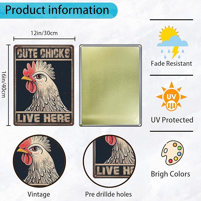 Chicken Signs For Coop Funny Outdoor - Cute Chicks Live Here Iron Sign Poster Chicken Sign Home Decor Garage Bar Restaurant Kitchen Cafe Bar Pub 12x16 Inch Wall Art Decor