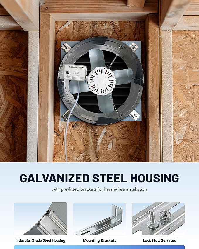iLiving ILG8G14-12T Automatic Gable Mount Attic Ventilator Fan with Adjustable Thermostat, 2.85 Amp, 2339 CFM, Single-Speed | Automatic, 2339 CFM, 3.10 Amp, Single-Speed