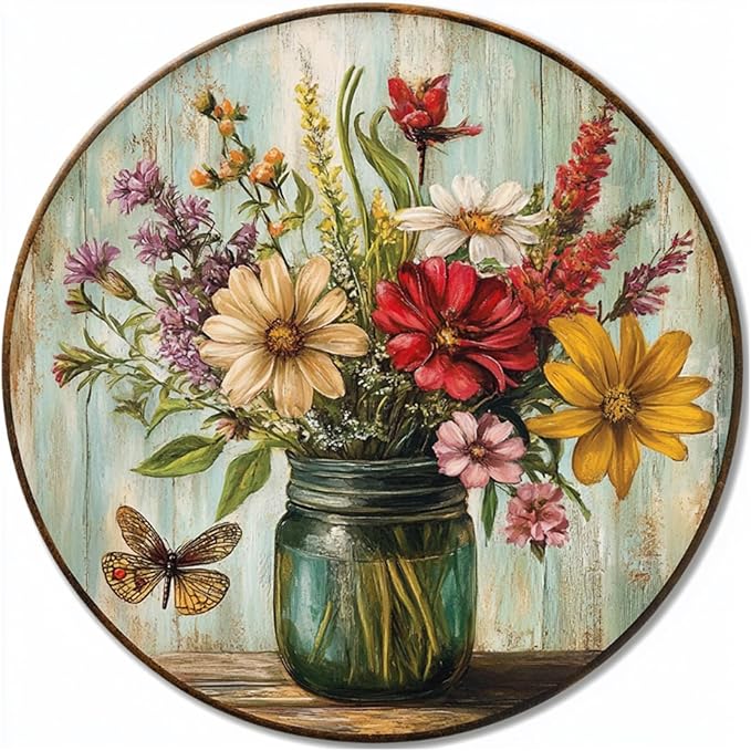 Round Tin Sign Dragonfly Farm Fresh Flowers Metal Sign for Home Farm House Rustic Garden Yard Vintage Outdoor Outside Porch Wreath Wall Funny Decor 8 Inch