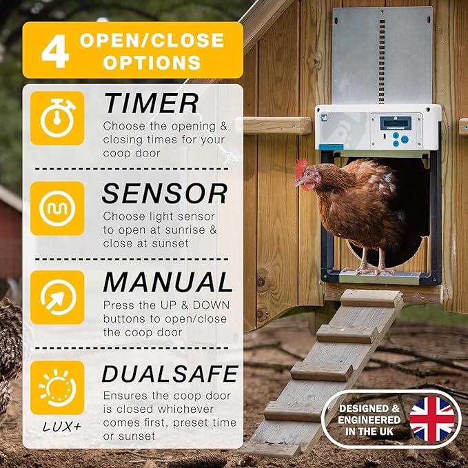 Automatic Chicken Coop Door Opener, ChickenGuard One in All 4 Colours, Timer/Light Sensing, Winter Mode, Auto-Stop & Predator Proof, 3 Power Options, Solar, Battery or Electric (Red + Batteries)