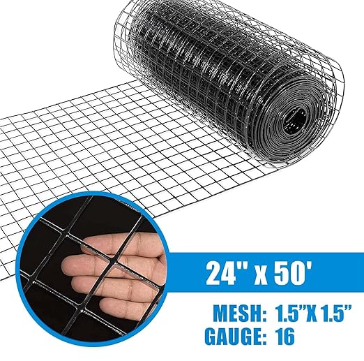 Fencer Wire 16 Gauge Hardware Cloth, Black Vinyl Coated Welded Wire Mesh, Chicken Coop Wire Fence, 1.5 inch x 1.5 inch Grid (2 ft. x 50 ft.)