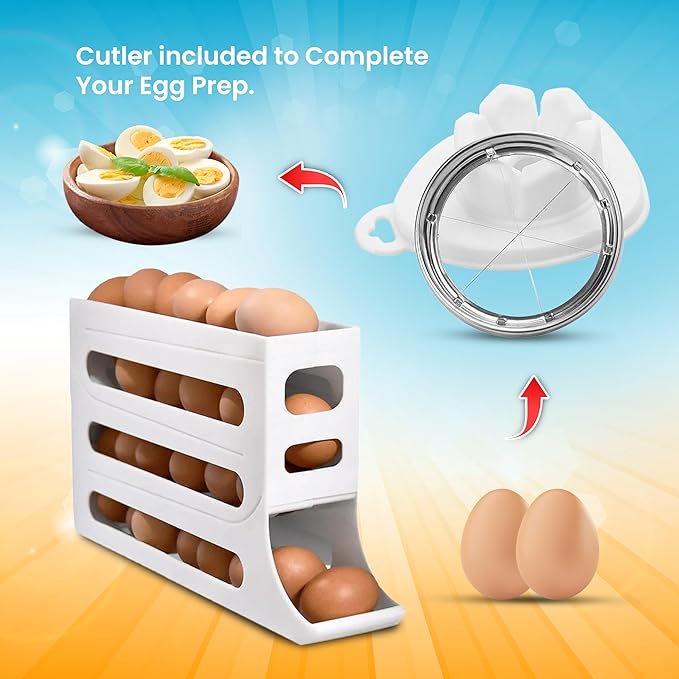 ZAYLAN Egg Holder for Fridge, Auto Rolling Egg Roller/Dispenser/Organizer/Storage Container, Space-Saving 4-Tier Egg Tray for 28 Eggs, Refrigerator, Kitchen & Countertop with Flower Egg Cutter (WHITE)