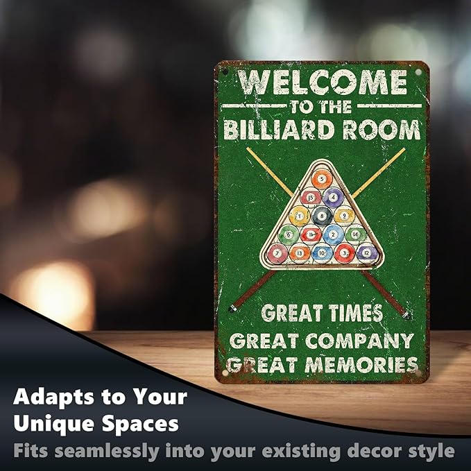 Retro Billiards Tin Sign Welcome to The Billiard Room Vintage Metal Poster great time great company great memories Nostalgic Wall Art Decorations for Home Bar Pub Man cave Shop 12 * 8 In