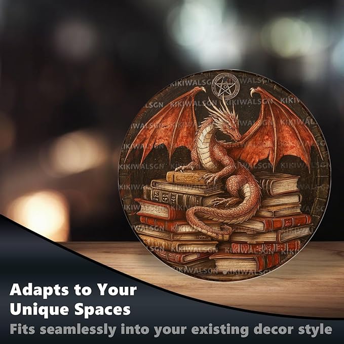 Dragon Decor Vintage Round Metal Sign Retro Books Tin Sign Wall Decor Bedroom Living Room Cafe Library Bookshelf Office 8 * 8 In