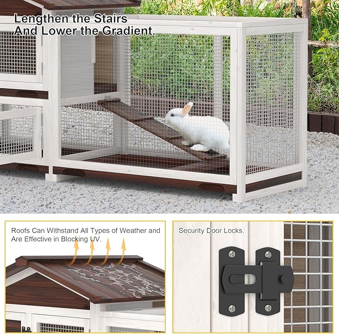 Rabbit Hutch Indoor Bunny Cage Outdoor Rabbit Cage 2 Tier Wooden Guinea Pig Cage with Runway and 3 Pull Out Trays, 4 Opening and Closing Doors