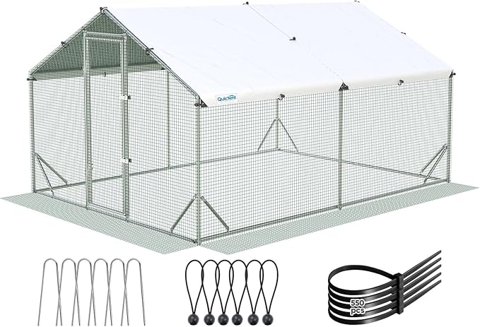 Quictent Advanced Series 12x9 ft Metal Chicken Coop Run with Side Hardware Cloth, Large Walk-in Outdoor Poultry Cage Heavy Duty Predator Proof Hen Duck Rabbit Farm Pen House, Waterproof Anti-UV Cover