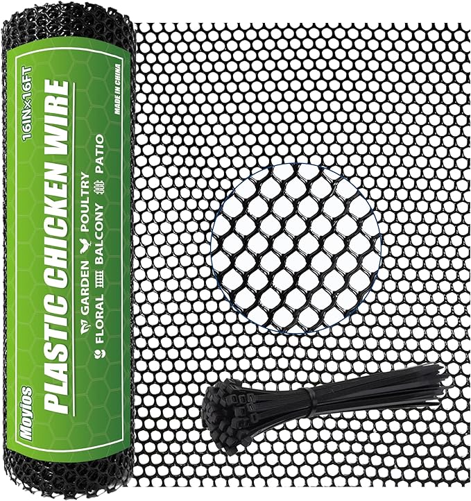 Heavy-Duty Black Plastic Chicken Wire Mesh, 16in x 16.4ft Plastic Mesh Roll with 30 Zip Ties for Poultry Coop, Rabbit Run, Plant Support, Garden Fencing and Balcony Barrier
