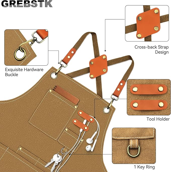 GREBSTK Work Apron Cross Back Adjustable Canvas Tool Apron for Woodworking, Gardening, Cooking