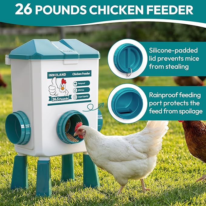 Chicken Feeder and Waterer Set - 3 Gallon/26.5 Pounds, Automatic Chicken Waterer with 4 Cups & 3 Feeder Ports, No Waste Poultry Feeders & Waterers, Chicken Coop Accessories for Hens/Ducks/Poultry