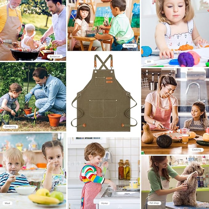 Unisex Aprons with Large Pockets,Cotton Canvas Cross Back Heavy Duty Adjustable Work Apron,Size Kids to Adult