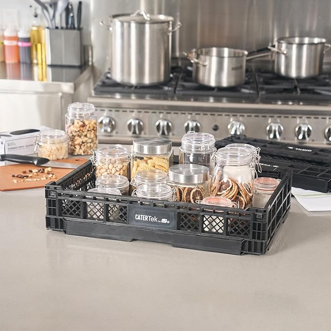 Restaurantware Plastic Milk Crates for Storage - 10 Pack - Cater Tek Stackable Storage Buns for Organizing - Collapsible Storage Basket for Groceries, Black