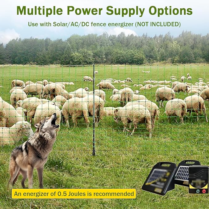 Electric Fence Kit, Solar Powered Electric Netting, Portable Livestock Nets Mesh, Electric Poultry Netting with 14 Posts Double Spiked, for Farms, Backyards, Ranches, 35.4" *164'