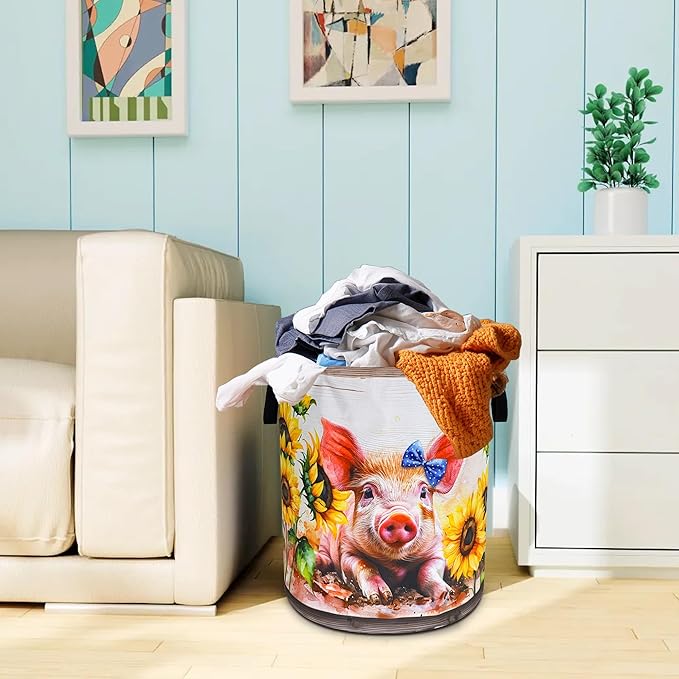 Cute Pig Sunflower Laundry Basket Oxford Cloth Farm Animal Laundry Hamper With Handle Foldable Portable Clothes Storage Basket 18.9 X 16.5 In Storage Bag For Laundry Room/Bathroom/Bedroom/Dormitories