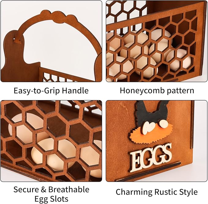 Rustic Farm Wooden Egg Holder & Basket with Honeycomb Design - For Kitchen Countertop, Farm Collection & Tabletop Serving, Fresh Chicken Egg Storage
