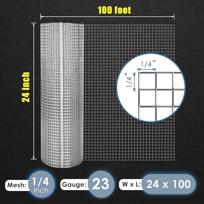 GoldPeak 1/4 inch Hardware Cloth 24 in. x 100 ft. 23 Gauge, Hot-dip Galvanized After Welding, Chicken Wire Mesh Roll Wire Fence Roll Gopher Wire Garden Fencing Tree Guard Mesh Wire Fencing