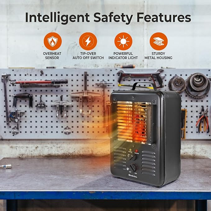 Comfort Zone 1500W Milkhouse Style Utility Space Heater – Portable Workshop & Garage Electric Heater with Adjustable Thermostat, 2 Heat Settings & Fan – All-Metal Housing & Safety Tip-Over Switch