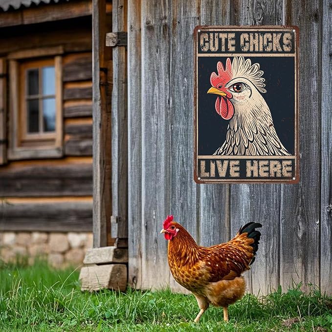 Chicken Metal Signs Cute Chicks Live Here Iron Sign Chicken For Coop Funny Outdoor Sign Garden Backyard Patio Wall Art Decor 12x8 Inch