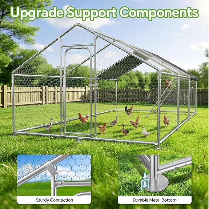 Large Metal Chicken Coop with Roosting Perch, Waterproof and UV-Resistant Cover, Outdoor Walk-in Cage Hen House for Yard Farm Rabbit Duck Chicken Run with Spire Roof (236.22×116.14×77.95 in)