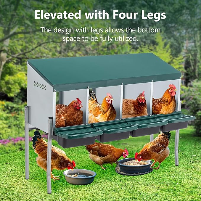 Chicken Nesting Box, 4 Compartment Roll Out Hens Nest Boxes with 4 Legs, Chicken Laying Box w/Lid Cover for Outdoor Chicken Coop Cages Farm Yard, Green (4 Holes w/Legs)