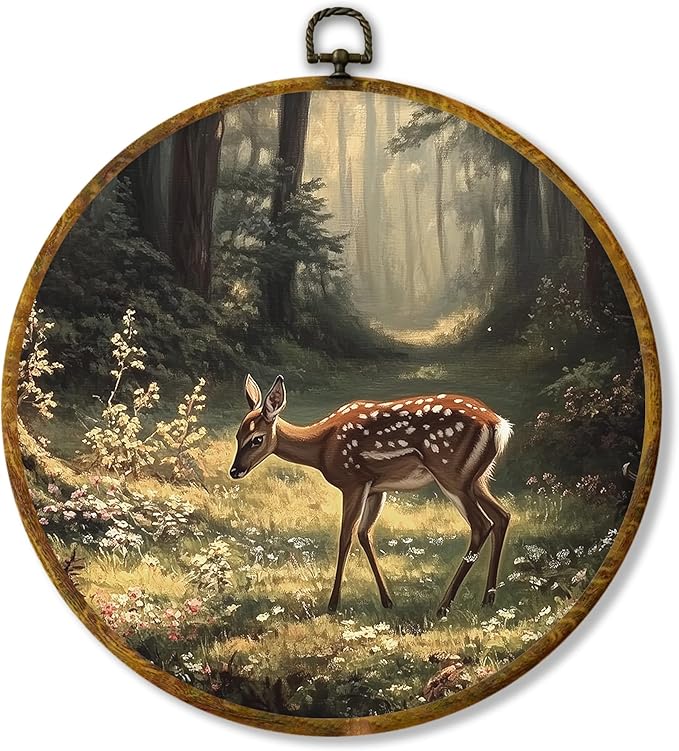 Hiuwevt Vintage Forest Deer Round Wall Art Decor, Cottagecore Deer Framed Canvas Prints, Rustic Forest Wild Animal Round Wall Hanging Decor for Home Bedroom Nursery Kids Room Decorations, 10x10 Inches