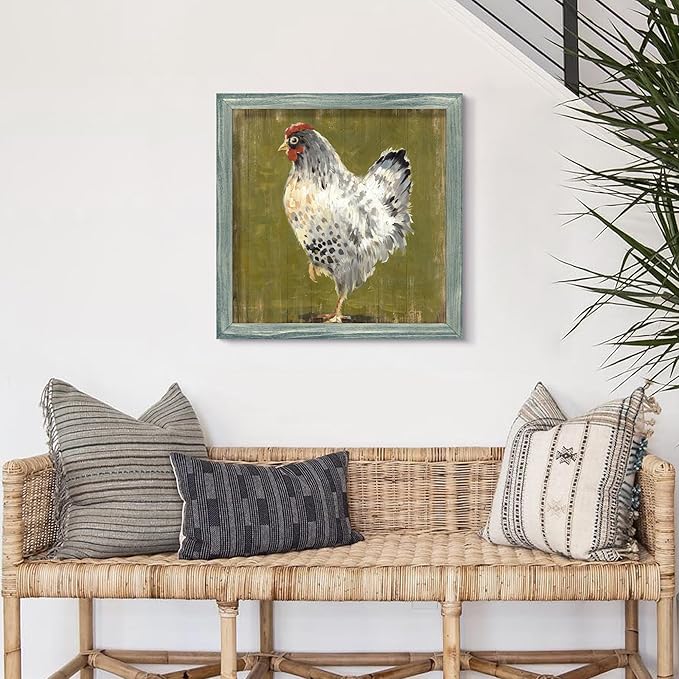 Farm Animal Wood Wall Art: Rustic Farmhouse Kitchen Framed Artwork Decor Chicken Hen Picture Country Animals Print Painting for Home Bedroom Living Room 24 x 24 Inches