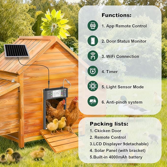 Automatic Chicken Coop Door, Smart TUYA APP Controlled, WiFi Enabled, Door Status Detection, Solar Powered, Anti Pinch, Auto Chicken Door with Timer & Light Sensor, LCD Display, 5 Modes