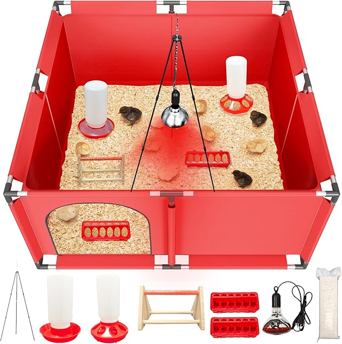 All-in-One Chicken Brooder Box for Chicks Starter Kit with Timer Heat Lamp & Stand, Perch, Sawdust, Feeder & Waterer, Large Sturdy Poultry Brooder for Up to 30 Baby Chicks, Ducks & Quail