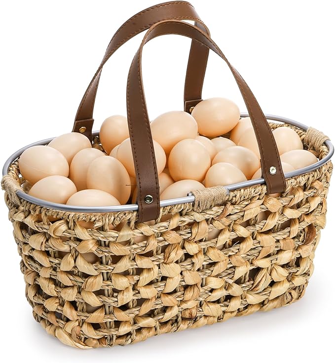 Goaste Egg Collecting Basket with Handle, 13 Inch Chicken Egg Storage Baskets, Handwoven Eggs Container for Gathering Fresh Eggs, Vintage Countertop Fruit Holder for Harvest, Kitchen, Living Room