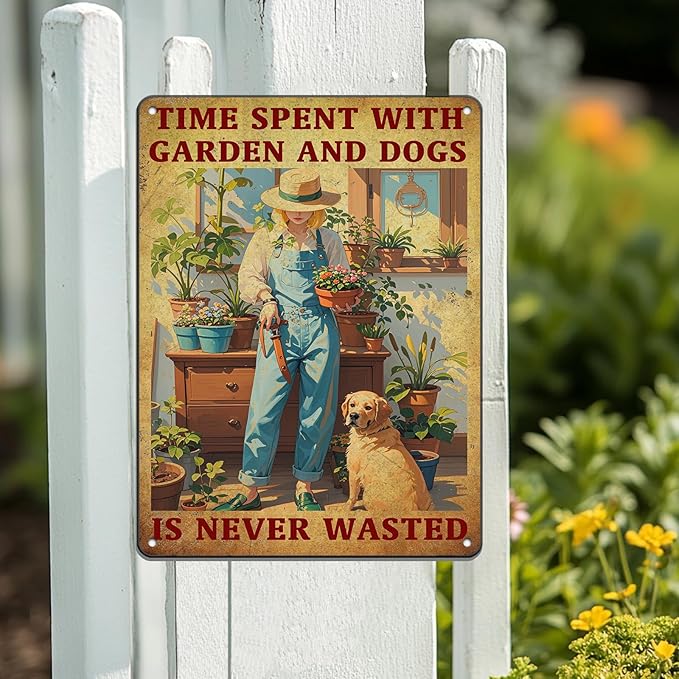 Gardenning Metal Sign Wall Decor Vintage Garden Time Spent With Dogs Is Never Wasted Tin Sign 12x16 Inch Home Restaurant Kitchen Garden Yard Wall Decor