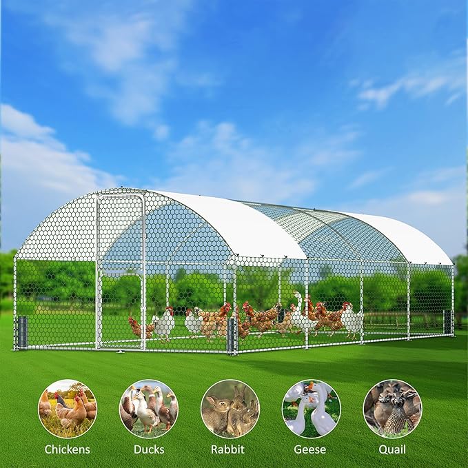 Large Metal Chicken Coop, Walk-in Chicken Run with Feeding Door, Security Lock and Cover, Outdoor Duck/Rabbit Cage Poultry Pen for Backyard, Farm, Yard (Silver - Dome Roof, 26.2 x 9.8 x 6.6 FT)