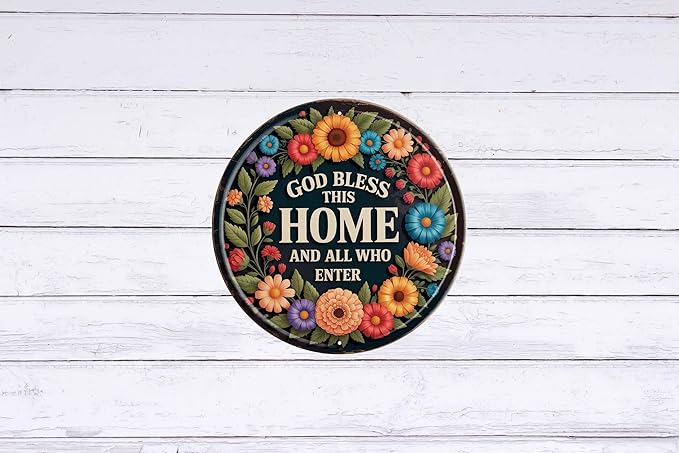 AWISZZZ God Bless This Home Metal Sign 8x8in Round Faith Plaque for Front Door Wall Decor Christian Gift