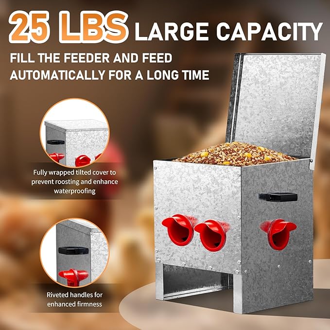 Outvita Metal Chicken Feeder 25 Pounds 4 Ports, No Waste Automatic Chicken Feeder, Metal Poultry Feeder with Handle for Chickens Duck Bantams Pheasants Poultry Coop Weatherproof, Rodent Proof