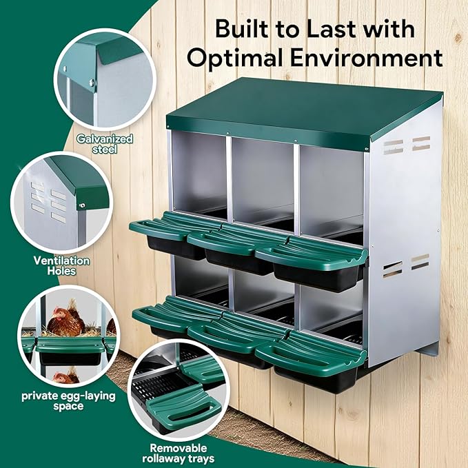 Chicken Nesting Boxes with 6 Cozy and Roll-Away Design - Chicken coop Nesting Boxes,Private Laying Spot & Enables Effortless Egg Collection (Green)