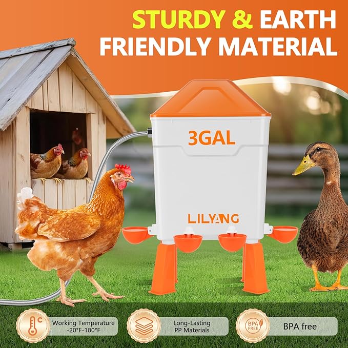 Lilyang Automatic Chicken Waterer 3 Gallon | Float-Control Auto Waterer, Hanging/Standing Design, Connect to 3/4'' Faucet & Hose, Effortless Hydration Solution for Backyard Coop & Small Farm