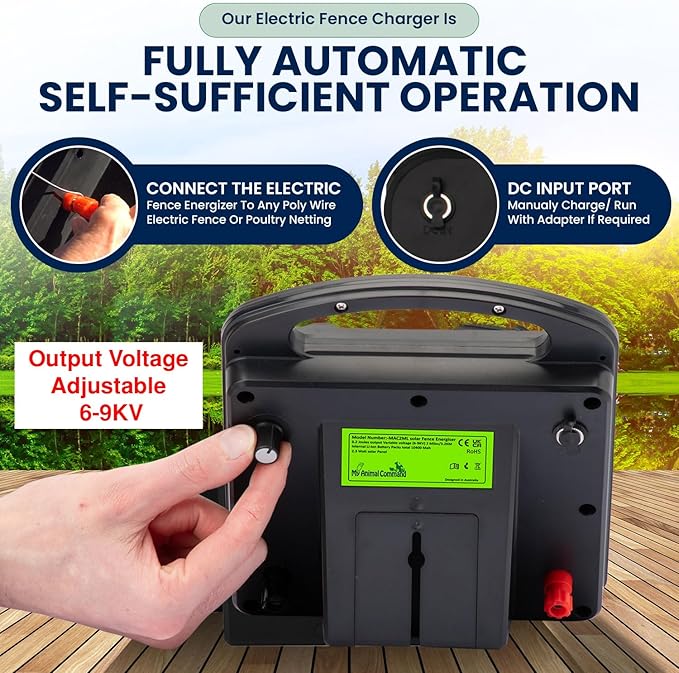 Solar Powered Electric Fence Charger 0.2 Joules Adjustable Voltage (6-9KV) with Lithium Battery Energizer Containment & Protection of Livestock Horses Cattle Sheep Pets Easy Install