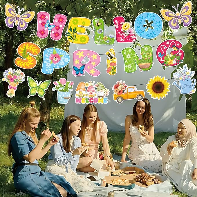 3Pcs Pre-Strung Hello Spring Banner for Classroom Office Spring Easter Hanging Decorations
