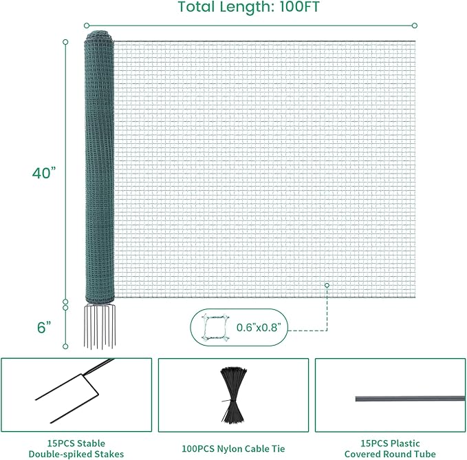 Non Electric Fence Netting 40" x100', Boundary Fence with Double Spiked Posts, Portable Poultry Fence All-Purpose Fencing for Dogs, Chickens, Ducks, Turkeys Suitable in Backyard, Garden, Farm