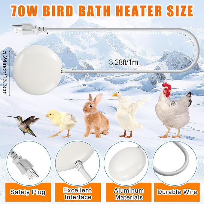3 Pcs Submersible Water Heater Bird Bath Heater Chicken Waterer De-icer Water Trough Outdoor for Farm Pond Winter Poultry Livestock Tank Horse Drink, Pipe Tape Cord Cover(Milky White,70 W)