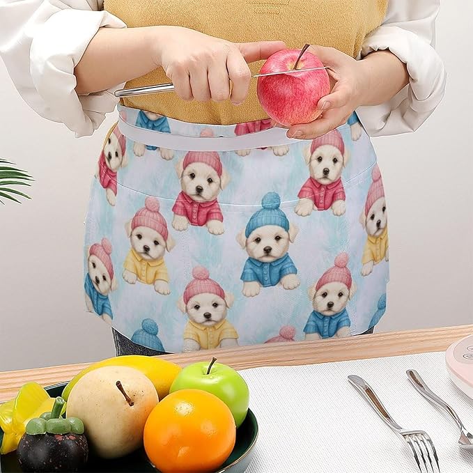 Unisex Apron for Cooking Server Waitress Half Waist Apron with 3 Pockets